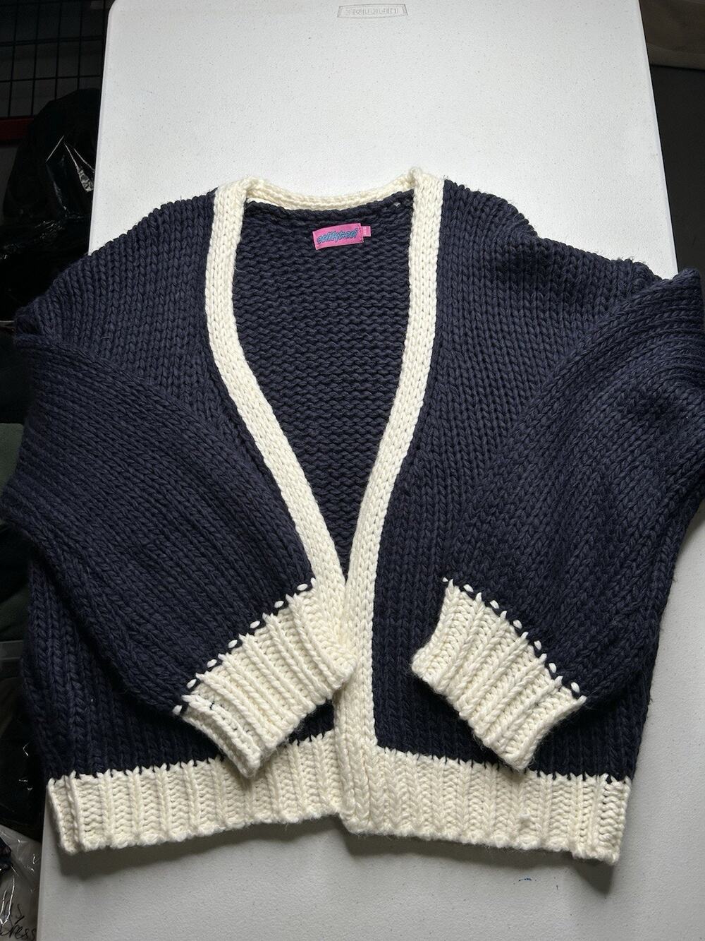 Edikted Cardigan Sweater Womens XS/S Navy Blue Chunky Knit Open Front Nautical